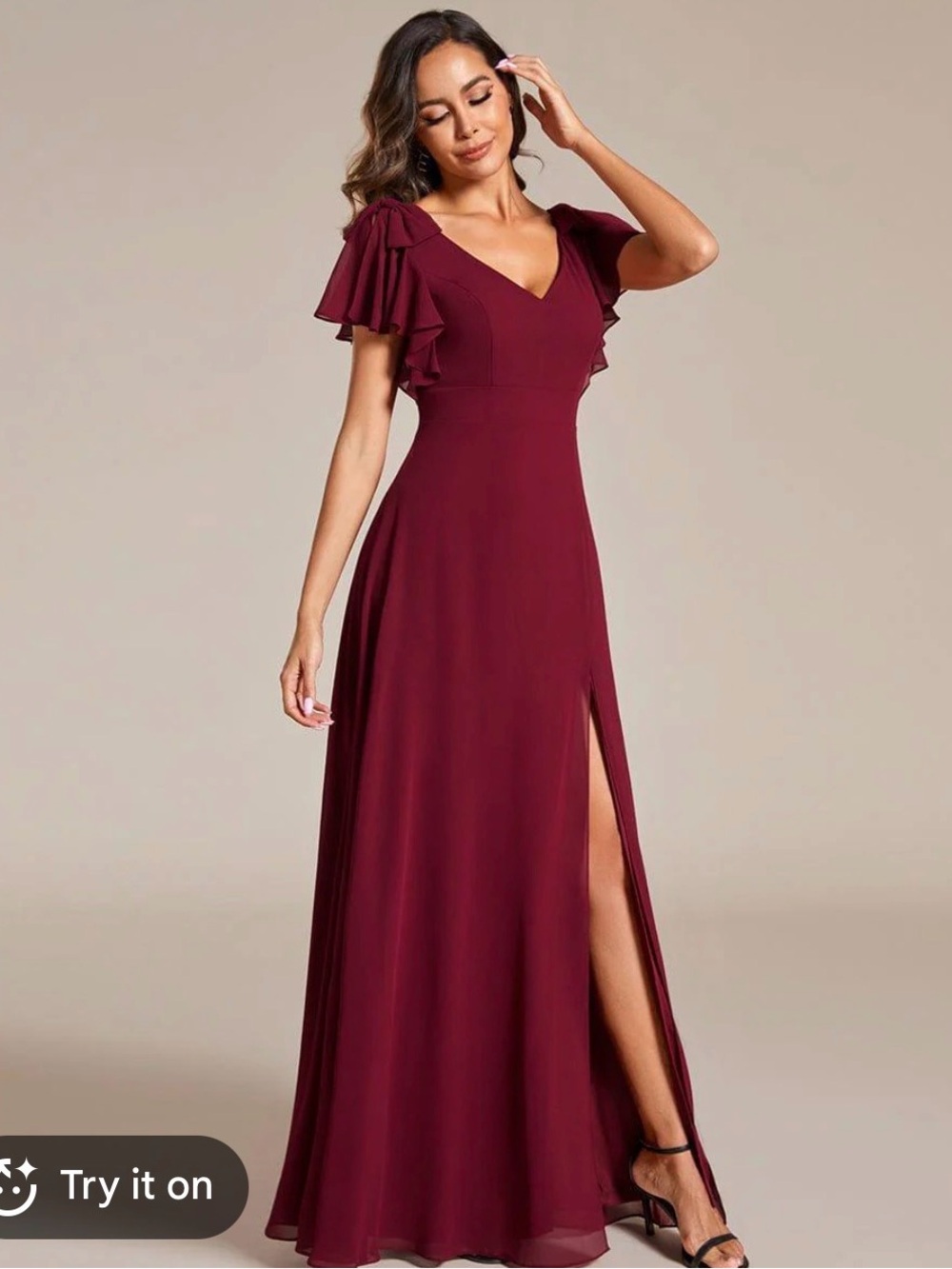 NWT Ever Pretty Chiffon Burgundy V-Neck Ruffle Sleeve Maxi Dress with Side Slit